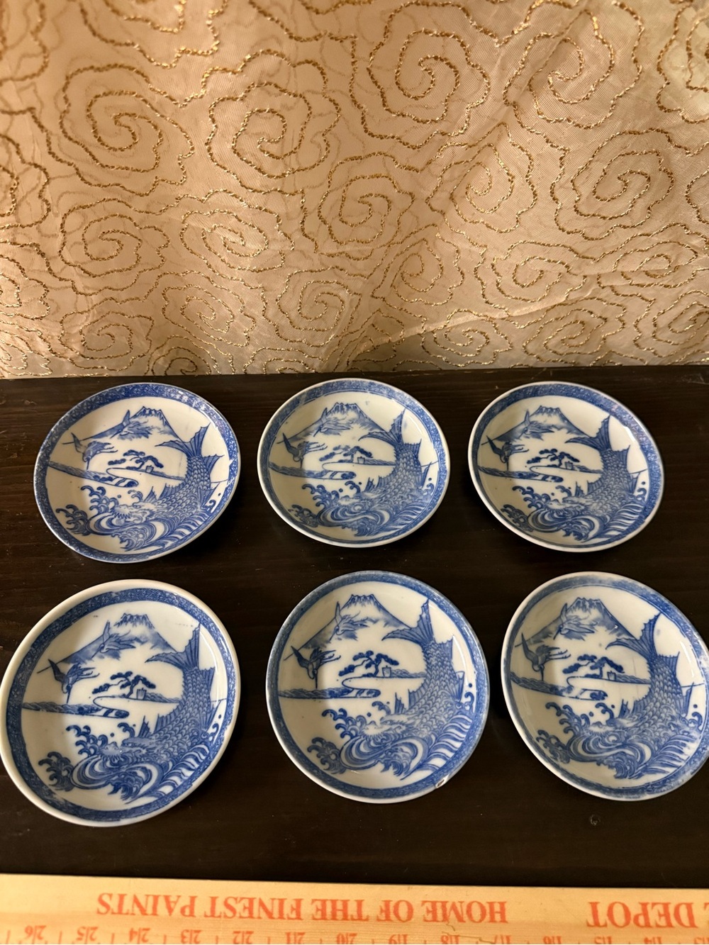 Set of 6 Antique Japanese Meiji Sometsuke Blue & White 4.5" Plates Dragon Carp